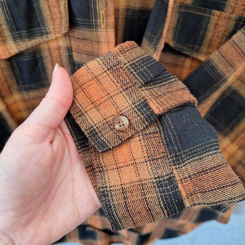Spoon Jeans Women's Oversized Hi-Lo Plaid Flannel Size Medium Orange And Black - Picture 10 of 11